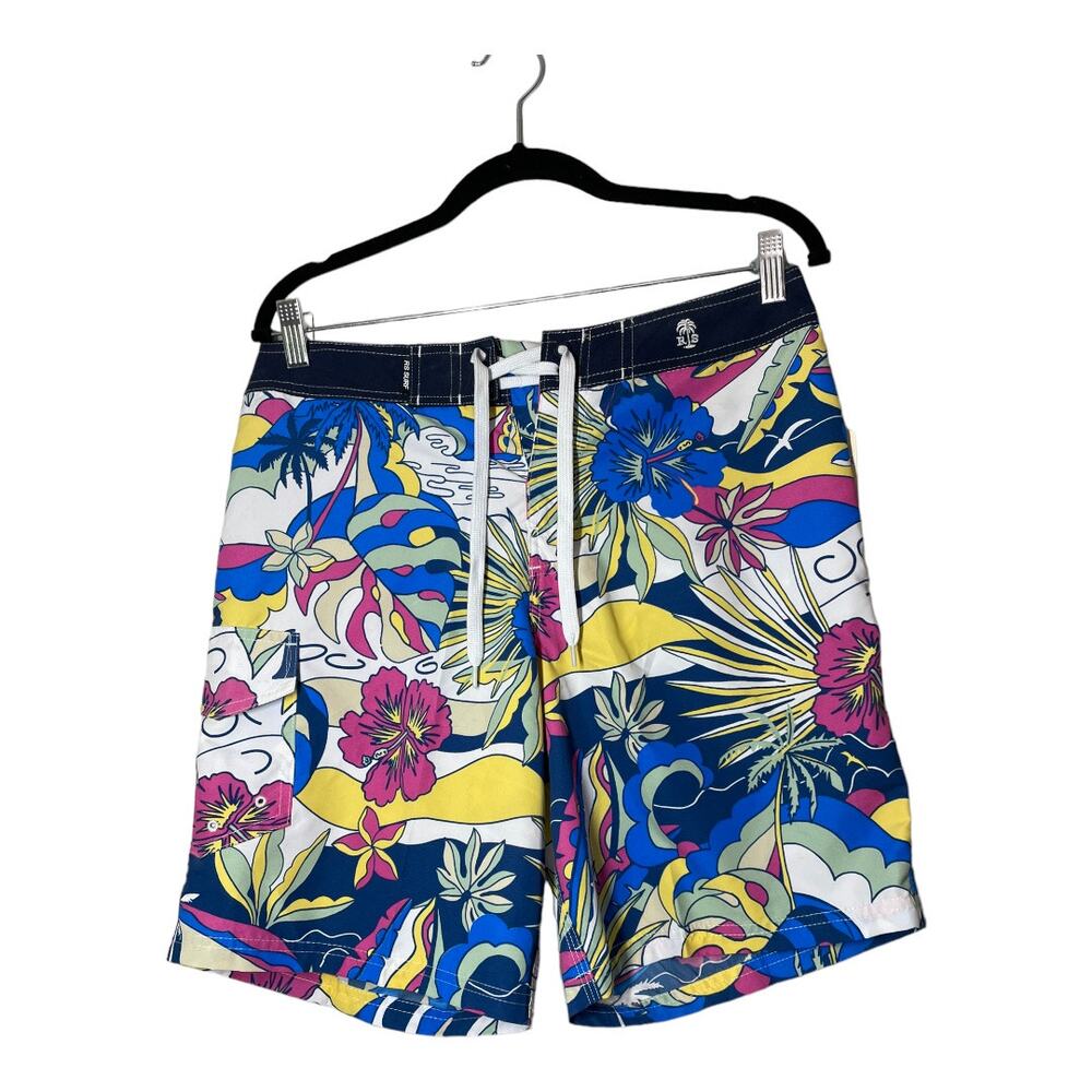 RS Surf Boardshorts Mens 30  Psychedelic Bright Print Floral Blue  Yellow Swim
